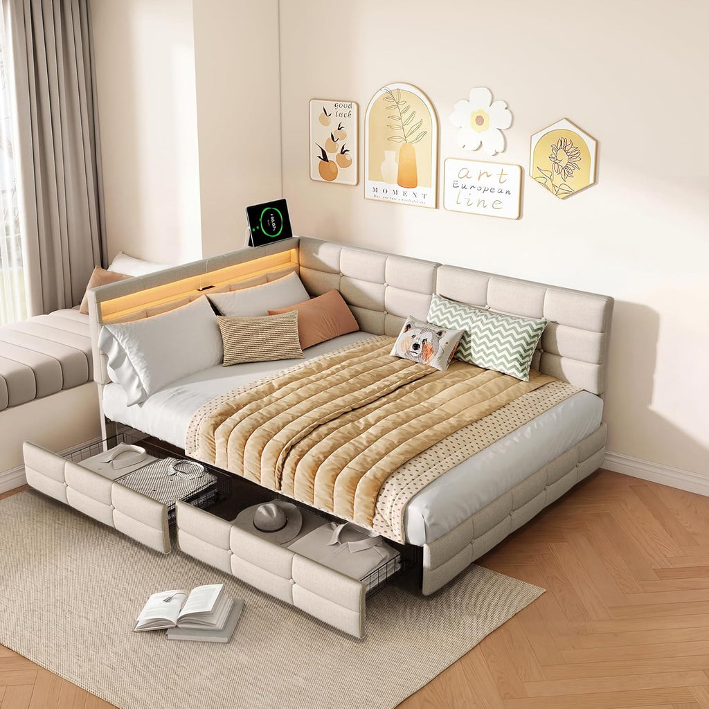 Cama tapizada doble, sofá cama de 140x200 con 2 cajones de almacenamiento, cama juvenil con USB, cama con almacenamiento, cama funcional con somier de láminas, cama infantil con cabecero LED, sin colchón (beige + lino)