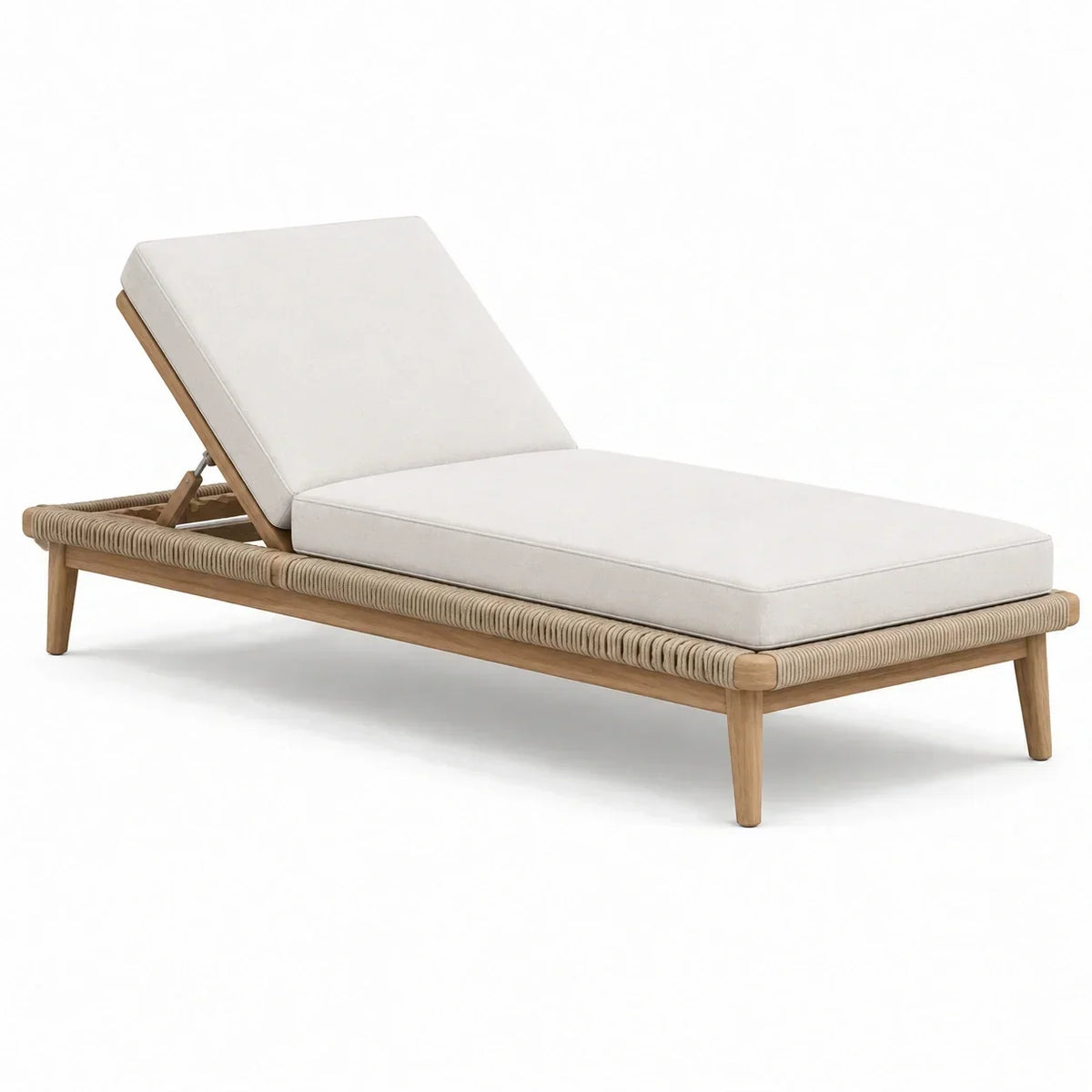 Tumbona de jardín de madera de teca y mimbre beige, 195 cm, ajustable