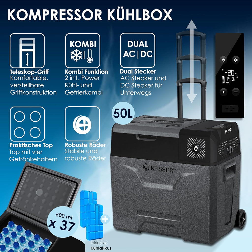 KESSER® Nevera de compresor eléctrica para coche de 50L, nevera de camping 12/24/230V con control por APP, congelador hasta –20 °C, nevera con ruedas y asa telescópica para camping, autocaravana, camión y barco + 2 acumuladores de frío