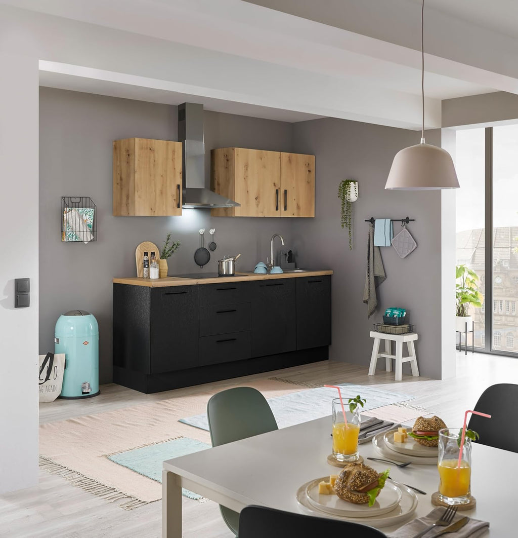 Stella Trading Turin ZB Cocina compacta 220 x 211 x 60 cm, negro - Sin electrodomésticos - Cocina moderna y espaciosa con aspecto de roble Artisan y gran capacidad de almacenamiento