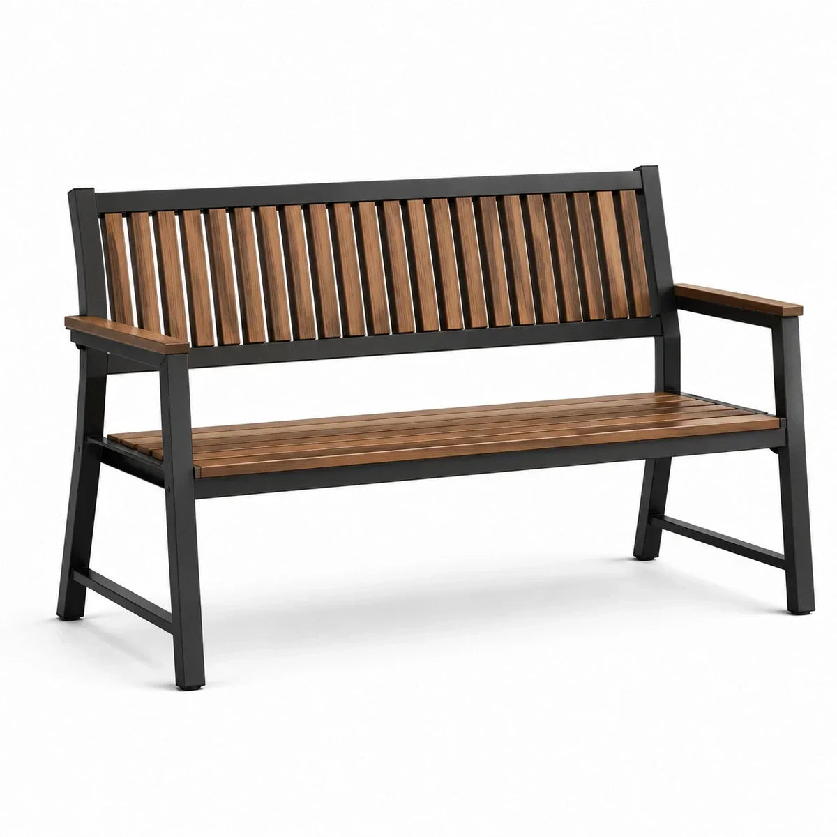 Banco de jardín  con estructura de metal y listones de madera de teca negro/marrón