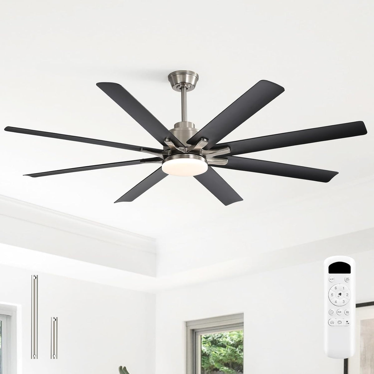 Ventilador de techo Sofucor de 132 cm con luz, ventilador de techo silencioso con luz y mando a distancia, motor CC, 8 aspas, 3 temperaturas de color, temporizador, 6 velocidades, modo verano e invierno para salón