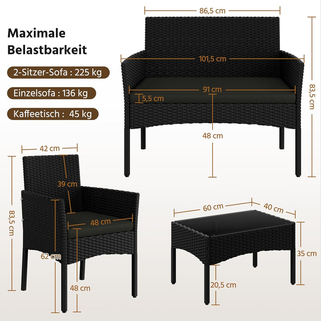 Yaheetech Set de muebles de jardín de 4 piezas, conjunto de muebles de balcón de poliratán para exterior con sofá de 2 plazas, 2 sillas, mesa y cojines para terraza/balcón/jardín, negro y gris