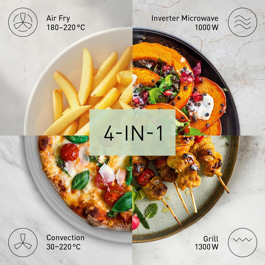 Microondas combinado 4 en 1 Panasonic NN-CD58RSEPG de 27 l con modo Airfryer y bandeja para hornear, inversor de 1000 W, grill de 1300 W, convección, 19 programas automáticos, acero inoxidable