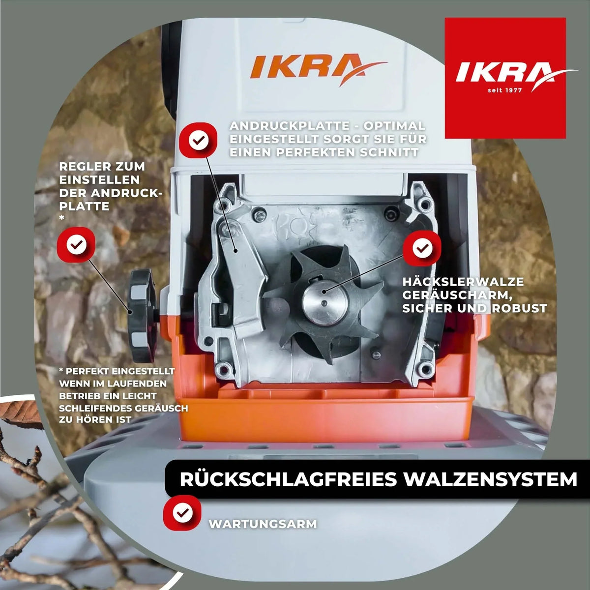 Trituradora de rodillo ILH 3000A, grosor de rama de hasta 44 mm, 3000 W, silenciosa, robusta, de bajo mantenimiento, alimentación automática, marcha atrás