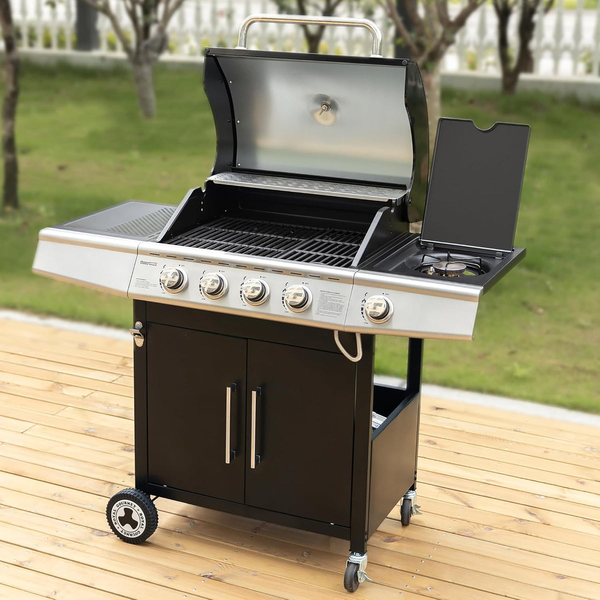 Barbacoa de gas Royal Gourmet de 4+1 quemadores de acero inoxidable, parrilla de gas de 14,5 kW con estantes y termómetro, 2 ruedas direccionales, 2 puertas, adecuada para jardín y exterior, negra