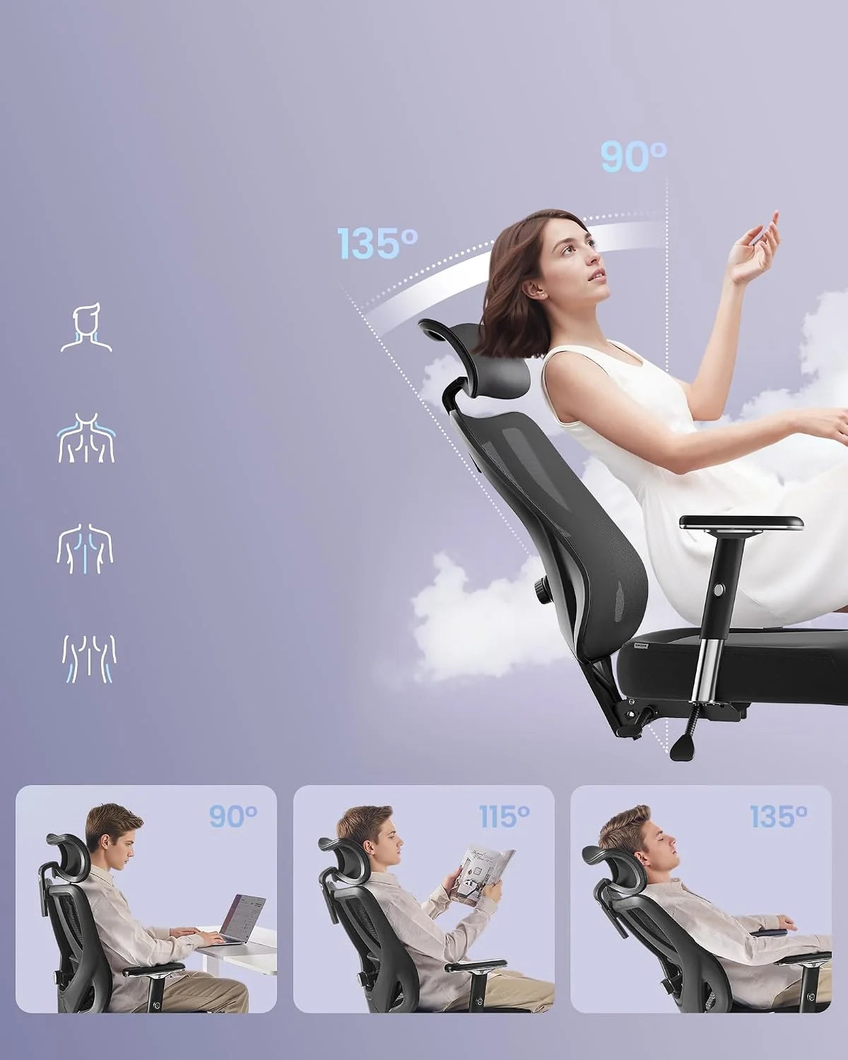 SONGMICS Ergonomiczny fotel biurowy, fotel gamingowy, regulowane podparcie lędźwiowe, zagłówek, podłokietniki, odpowiedni dla osób o różnych gabarytach, nośność do 150 kg, kolor czarny OBN067BH01