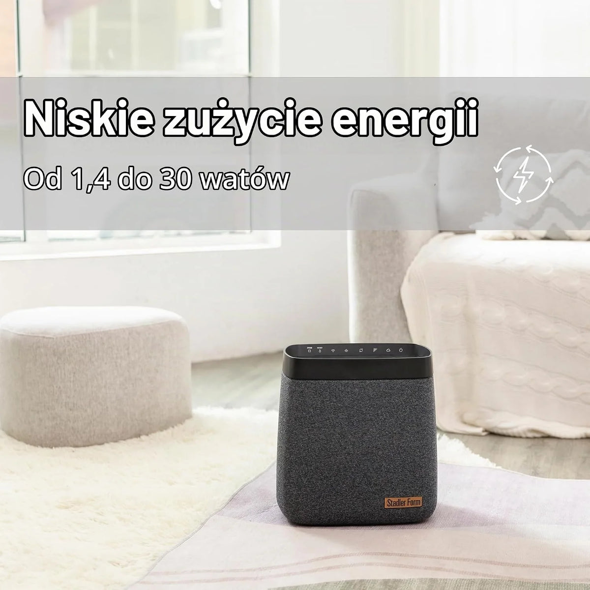 Nawilżacz powietrza Stadler Form Karl, wydajny nawilżacz parowy do pomieszczeń o powierzchni do 100 m², cichy, sterowany przez aplikację WiFi, obudowa tekstylna, 4 poziomy nawilżania, czarny
