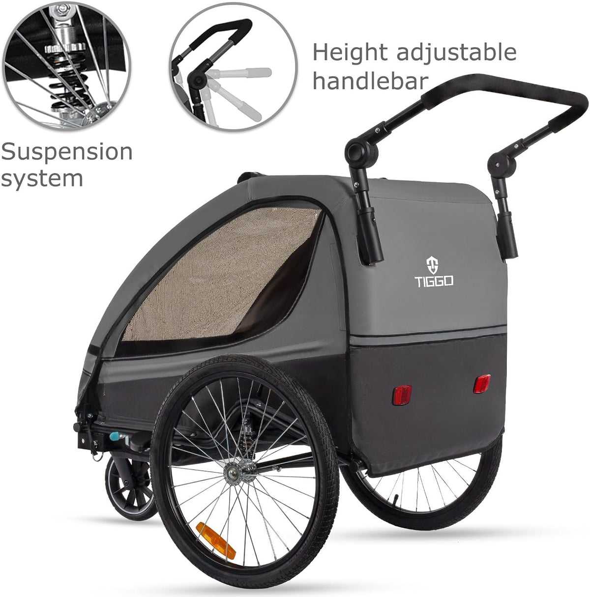 Remolque para niños Tiggo con rotación de 360°, suspensión, set 2 en 1 (remolque de bicicleta y cochecito/jogger), arnés de 5 puntos, para 1 o 2 niños, máx. 40 kg