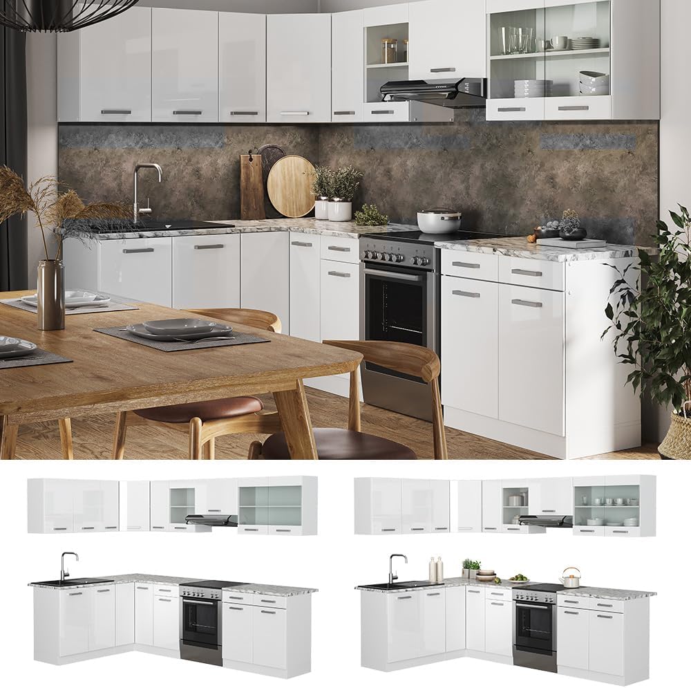 Cocina esquinera Vicco Rick, blanco alto brillo, 167 x 60 cm, encimera efecto mármol con tiras LED