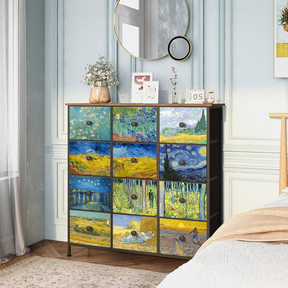 VEDECASA - Wąska, wysoka komoda z 12 szufladami, motyw Van Gogh, do pokoju dziecięcego, salonu, korytarza, sypialni, biura, struktura metalowa i panel drewniany