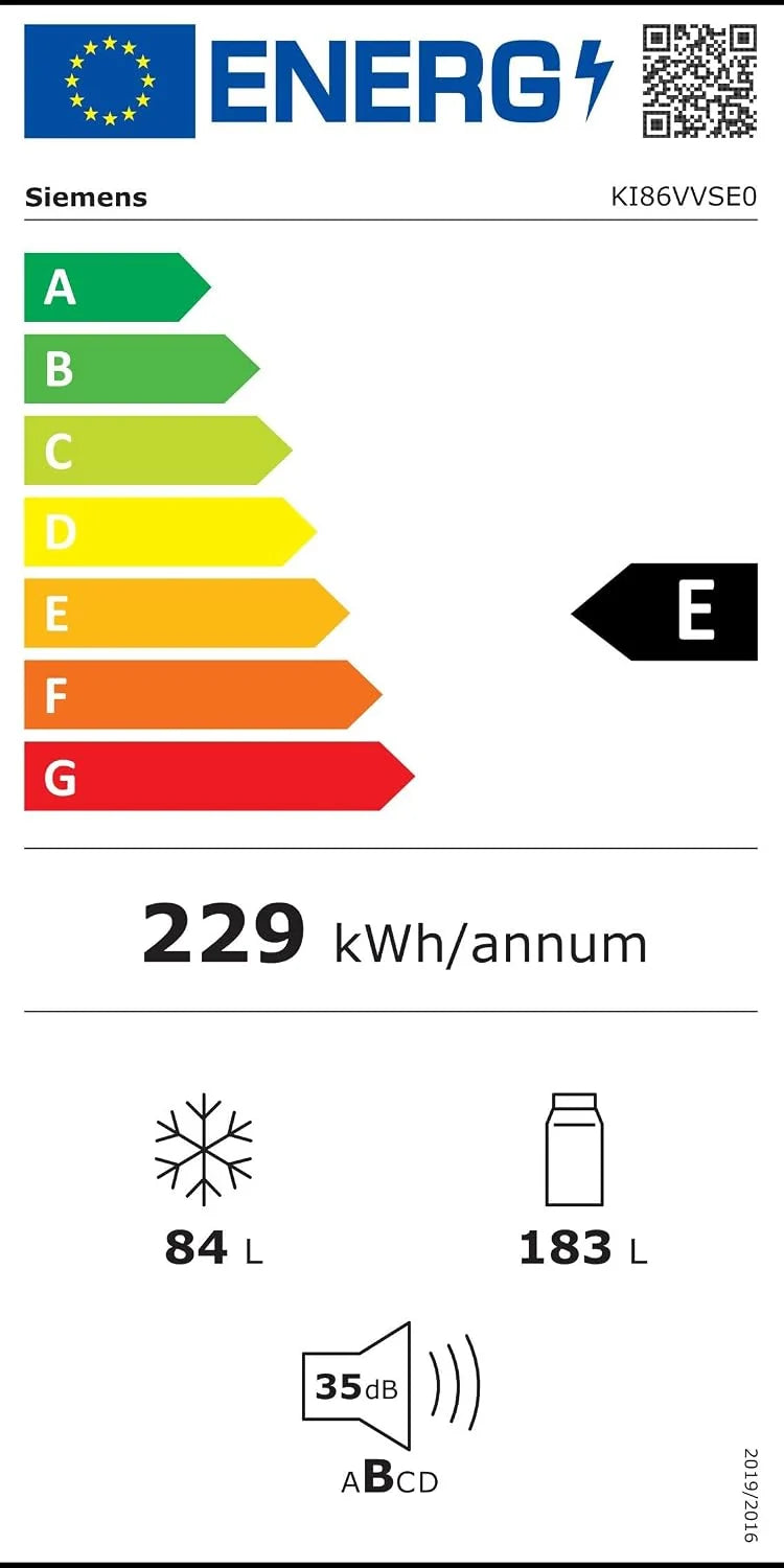 Siemens KI86VVSE0 iQ300 lodówko-zamrażarka do zabudowy/E / 229 kWh/rok / 183 l/hyperFresh system świeżości/lowFrost/oświetlenie wewnętrzne LED/bigbox/drzwi holowane
