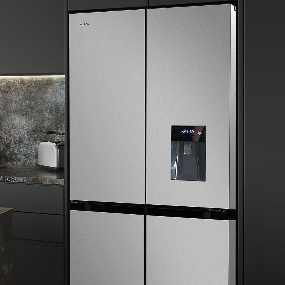 Frigorífico americano Cecotec 4 puertas acero inoxidable 564 L Bolero CoolMarket 4D 564 Inox E. 183 cm de alto, 91 cm de ancho, dispensador de agua, bajo consumo, motor Inverter Plus, Total NoFrost