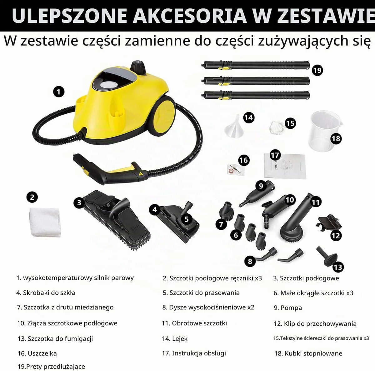 Ulepszona myjka parowa 2100 W z 29 akcesoriami, wielofunkcyjna ręczna urządzenie parowe ze zbiornikiem 2,1 l, ciśnienie pary 5 bar, zestaw do czyszczenia podłóg i dyszami, alarm niskiego poziomu wody