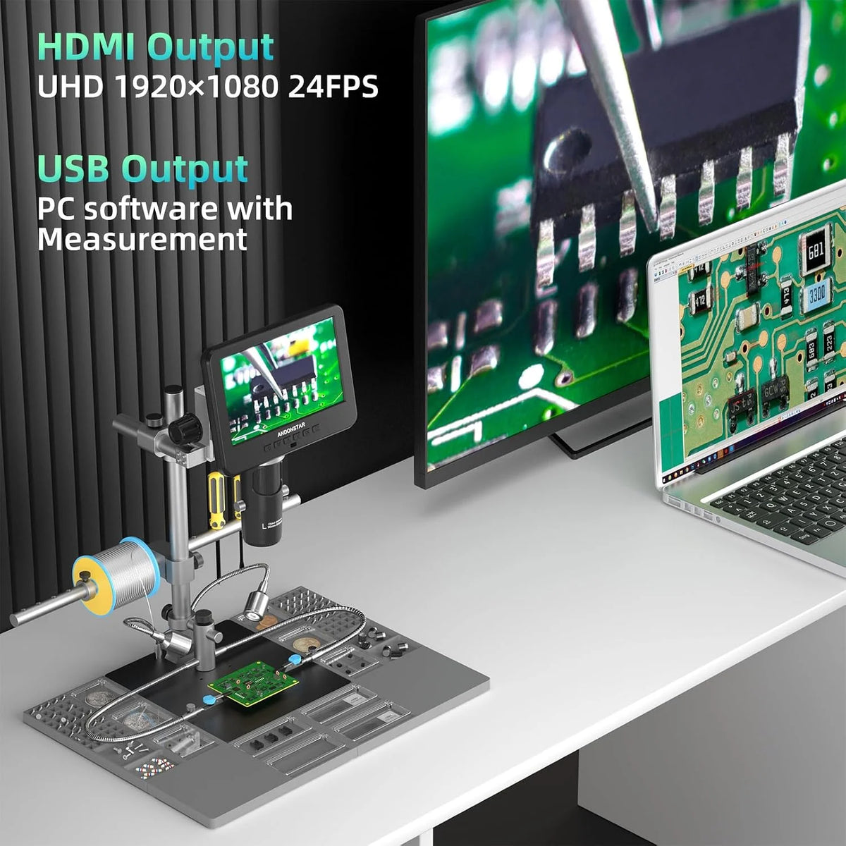 Andonstar AD246S-M Plus 7" HDMI Cyfrowy mikroskop do naprawy elektronicznej, 2000 x 3 soczewki 2160P UHD Video Record, stacja lutownicza z pomocnikami rąk, do monet