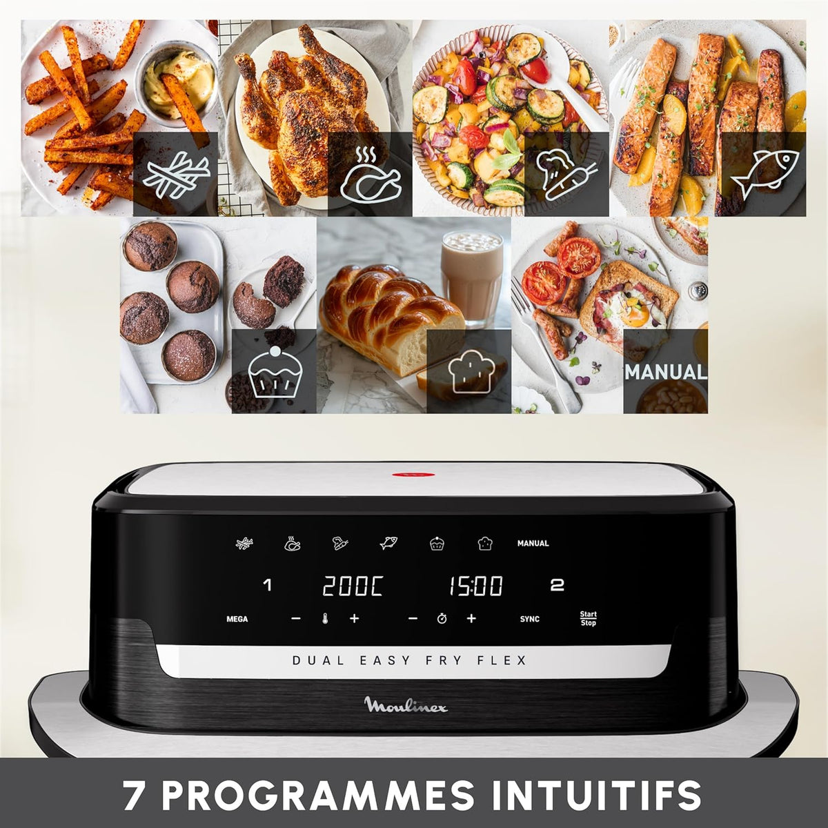 LOTE Freidora de aire Moulinex Flex 2 zonas 9L, separador extraíble EZ9228F0, negro + 2 moldes para pasteles Tefal especiales para freidora de aire J176S204