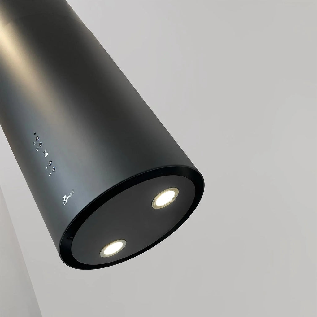 GURARI Okap wyspowy GCH I 385 36 BL Prime, okrągły okap kuchenny 36 cm, czarny, 1000 m³/h, 4 stopnie, wyświetlacz, oświetlenie LED