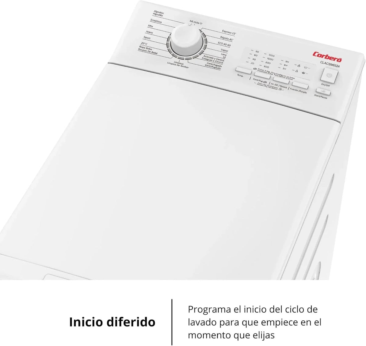 Corberó - Lavadora de carga superior 6.5kg | CLACSM6524 | 1200 RPM | 16 programas, función vapor, ECO, limpieza de tambor | Inicio diferido | Lavado rápido | Planchado fácil | Indicadores LED | Blanco