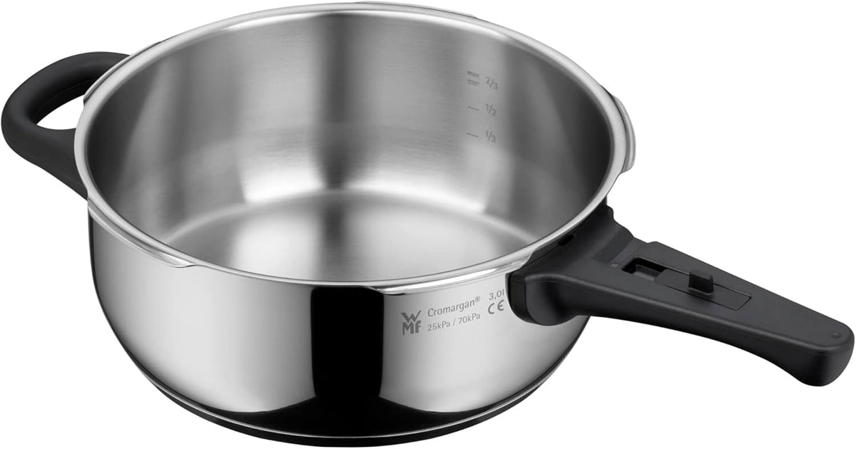 Juego de olla a presión WMF Perfect One Pot para inducción, 2 piezas, olla a presión de 6,5 l y 3 l, señal de cocción grande, 2 niveles de cocción, mango de tapa extraíble, acero inoxidable
