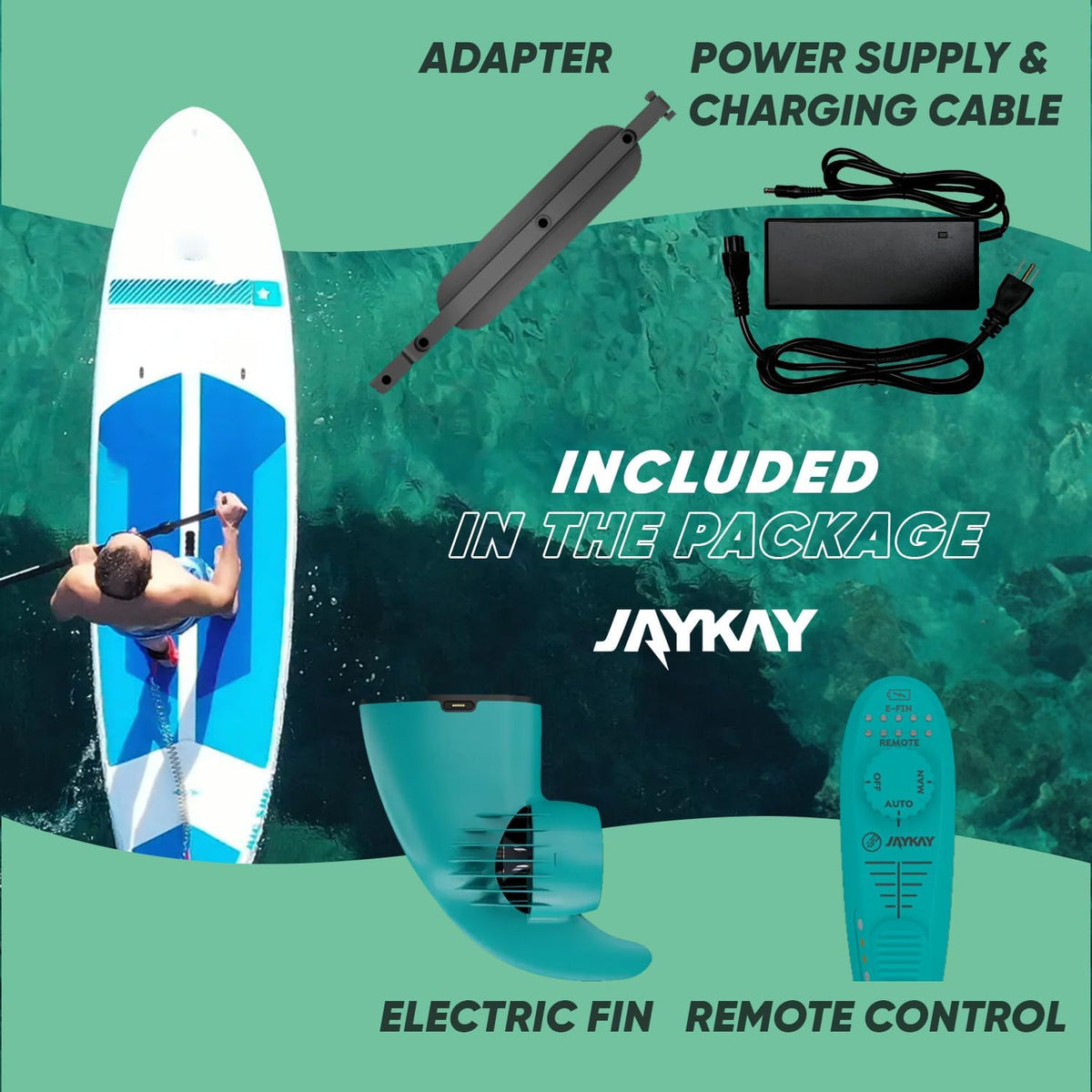 JayKay Sup E-Fin | Aleta eléctrica para tabla de SUP, kayak y windsurf | hasta 6 horas de