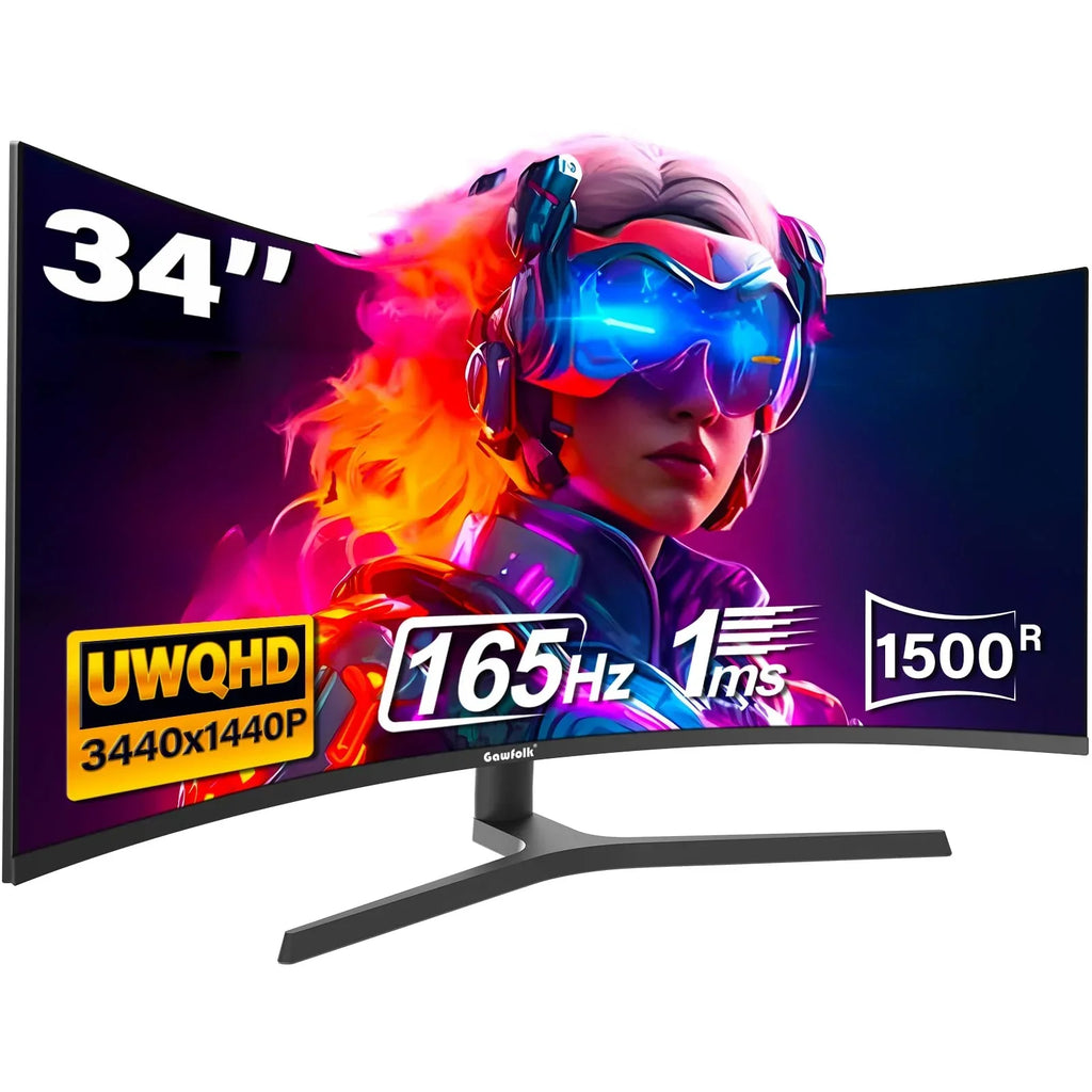 Monitor gaming curvo ultrawide Gawfolk de 34 pulgadas 165Hz UWQHD 3440x1440 1500R VA, altura ajustable, DP, HDMI, VESA 75x75
