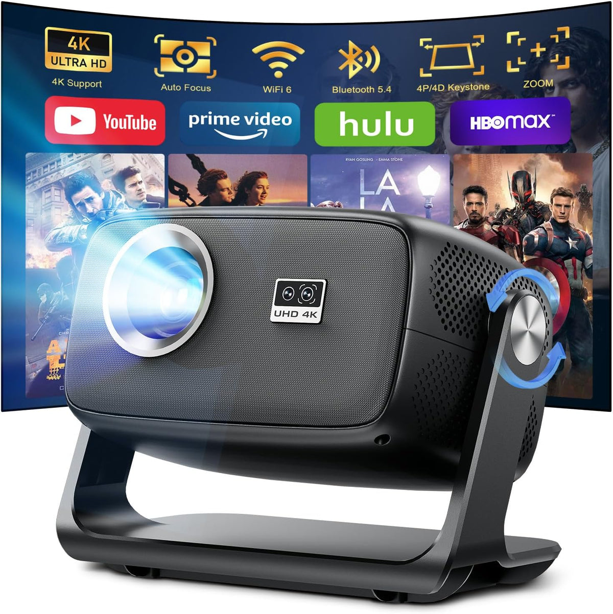 Beamer 4K Android 14.0, 30000 Lumen Projektor Kinowy, Automatyczne Ustawianie Ostrości i Korekcja Trapezu, Bluetooth 5.4 i WiFi 6, Rozmiar Projekcji 30–220 Cali, Kompatybilny z iOS/Android/TV Stick