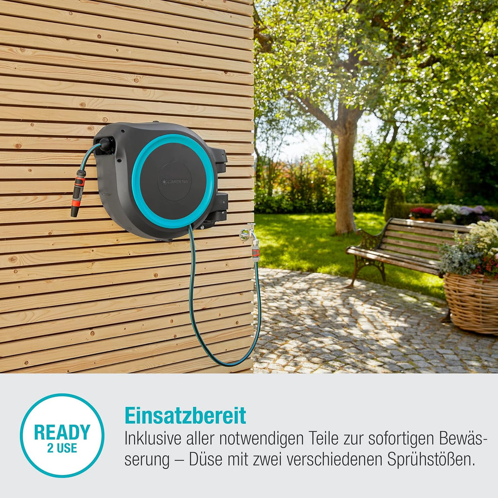 Caja portamanguera de pared Gardena RollUp XL (turquesa) 35 m: riego flexible para jardines grandes, caja portamanguera orientable, incluye manguera de calidad Gardena de 35 m y accesorios de montaje (18630-20)