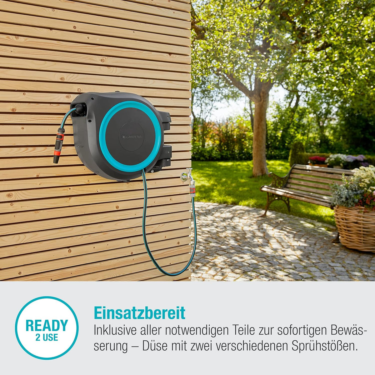 Caja portamanguera de pared Gardena RollUp XL (turquesa) 35 m: riego flexible para jardines grandes, caja portamanguera orientable, incluye manguera de calidad Gardena de 35 m y accesorios de montaje (18630-20)