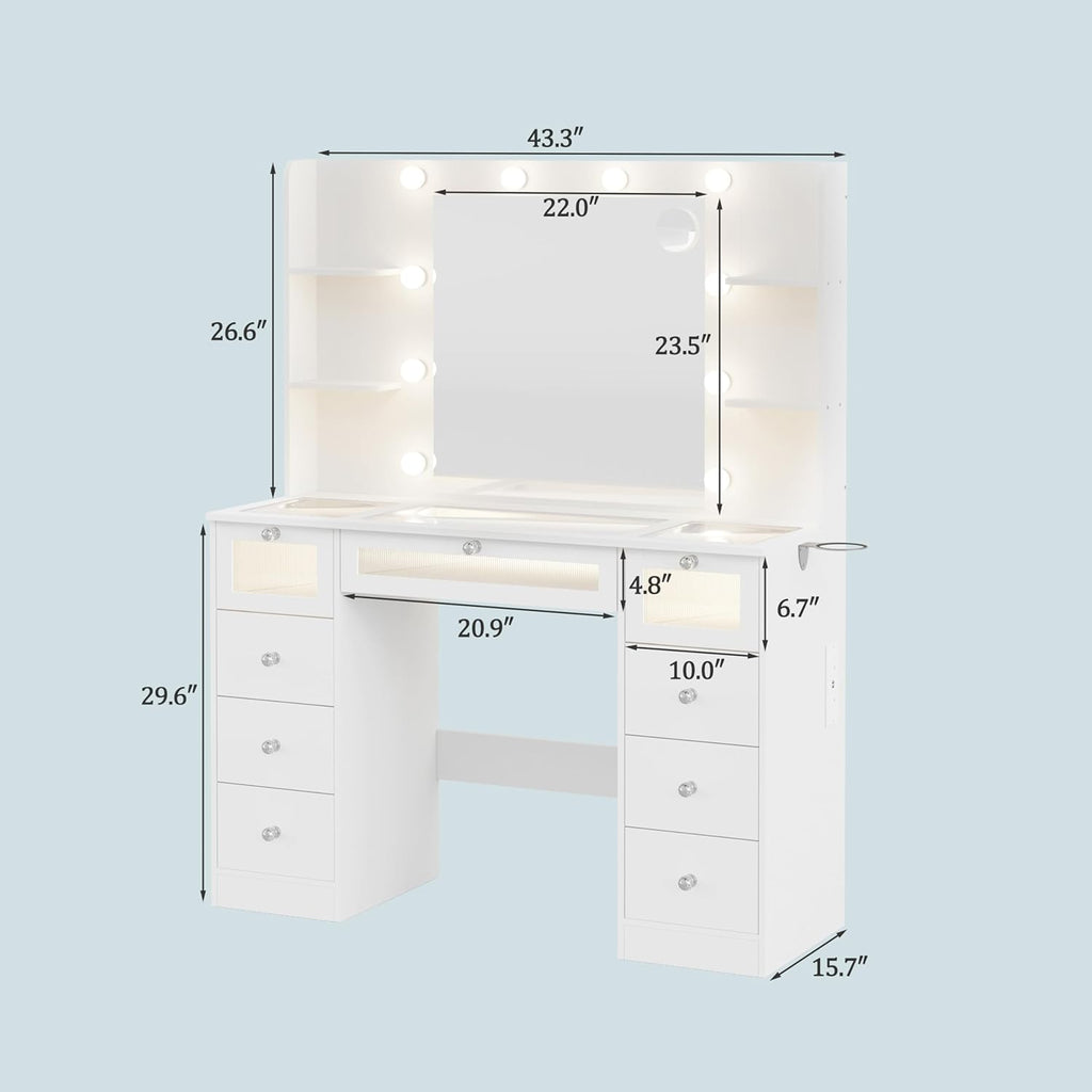 Tocador blanco con espejo iluminado de 23.5”, escritorio con cubierta de vidrio, 9 cajones, 3 colores de luces tipo Hollywood, 4 repisas, acrílico y toma de corriente, mesa de maquillaje para dormitorio
