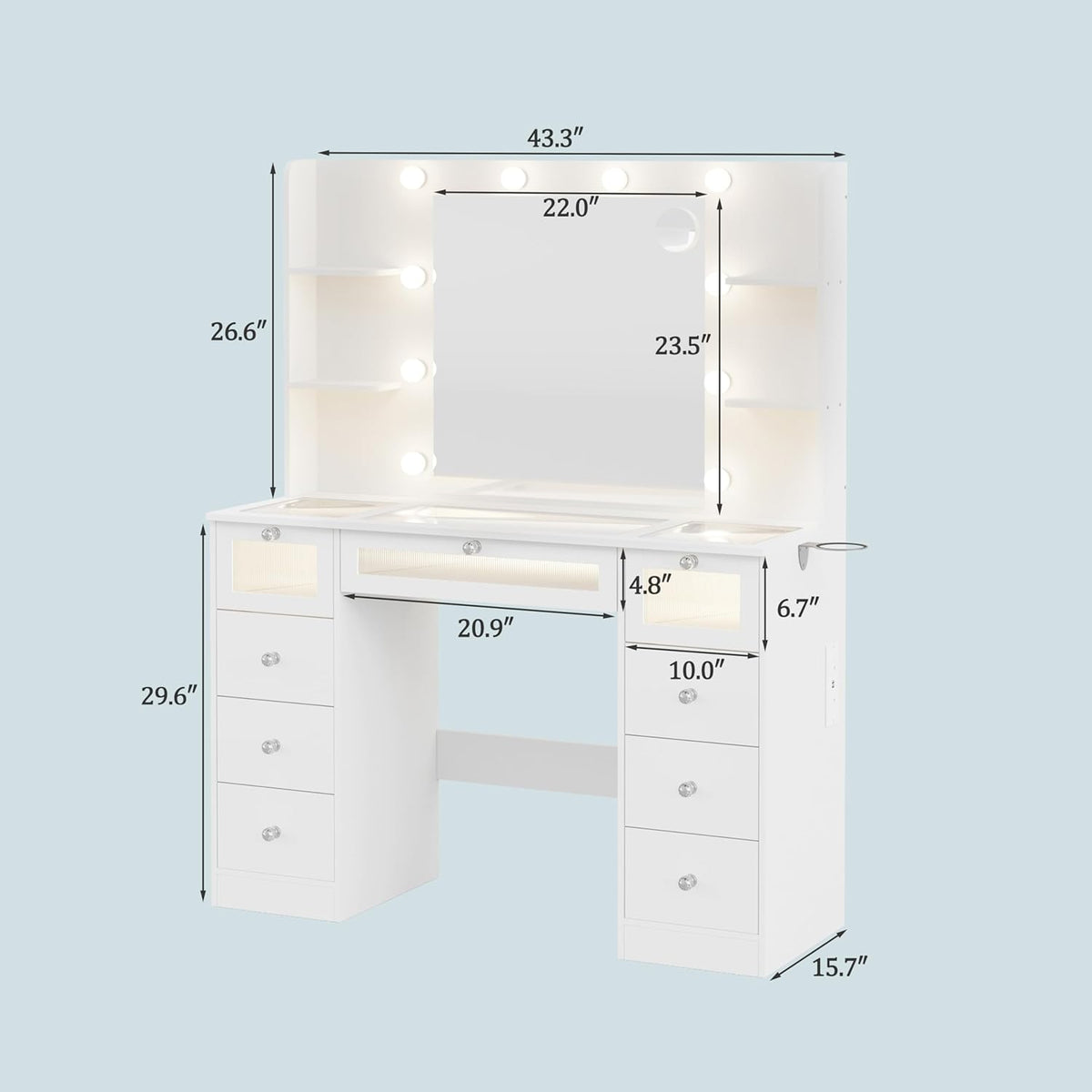 Tocador blanco con espejo iluminado de 23.5”, escritorio con cubierta de vidrio, 9 cajones, 3 colores de luces tipo Hollywood, 4 repisas, acrílico y toma de corriente, mesa de maquillaje para dormitorio