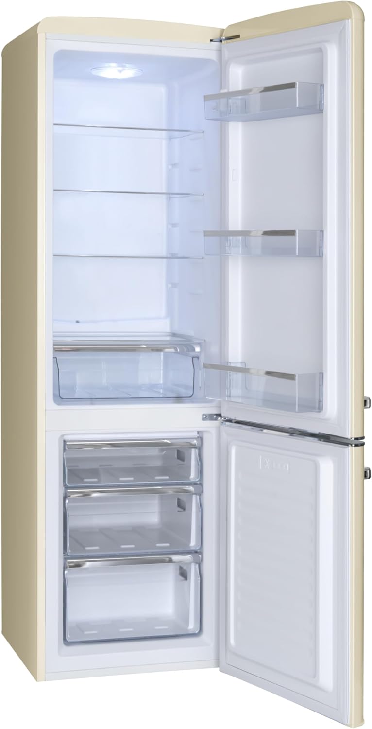 Frigorífico combi retro Amica 244 L 181 x 55 x 61,5 cm KGCR 387 101 B | 181 L frigorífico 63 L congelador, iluminación LED, descongelación automática, cristal de seguridad, botellero cromado, funcionamiento silencioso