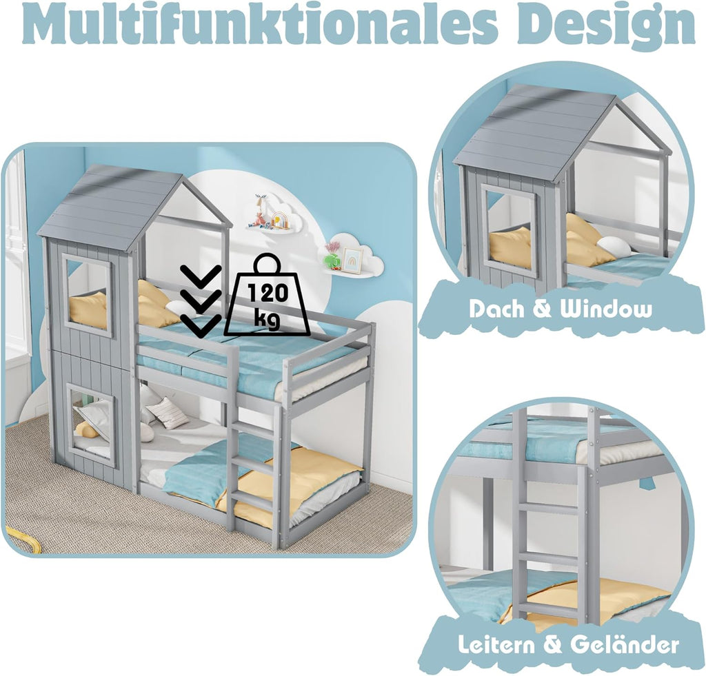Cama infantil 90x200 cm, litera para 2 niños, cama alta con protección anticaídas, litera en forma de casa del árbol para niños y niñas, cama individual de madera maciza, cama de juegos, sin colchón, gris