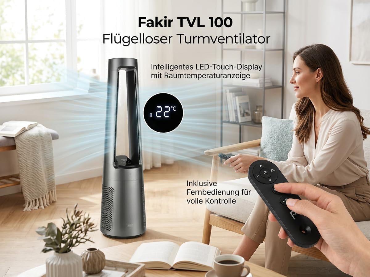 Ventilador de torre sin aspas Fakir TVL 100 - Motor CC, 12 velocidades de ventilación, 30 dB(A), oscilación de 60°, temporizador de 12h, pantalla táctil LED, mando a distancia, antracita