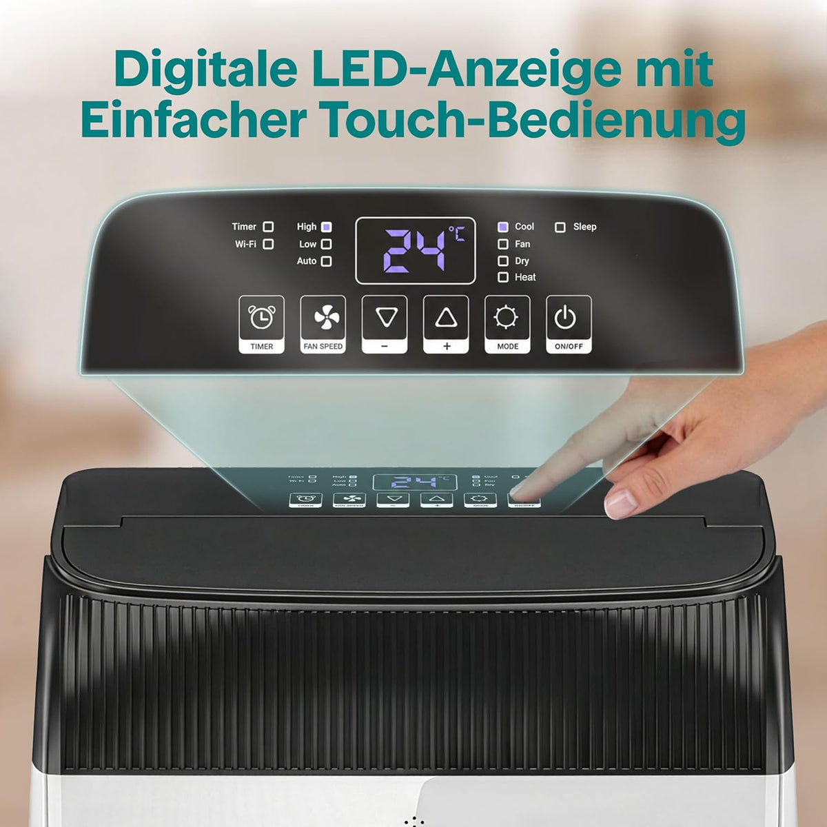 SereneLife Klimaanlage Mobil- mit Abluftschlauch 14000 BTU 2,9kW, 4-in-1 Klimagerät-Kühlen Heizen Ventilieren und Entfeuchten, WLAN- Steuerung, Digitaldisplay, 24h- Timer, bis 45 m²