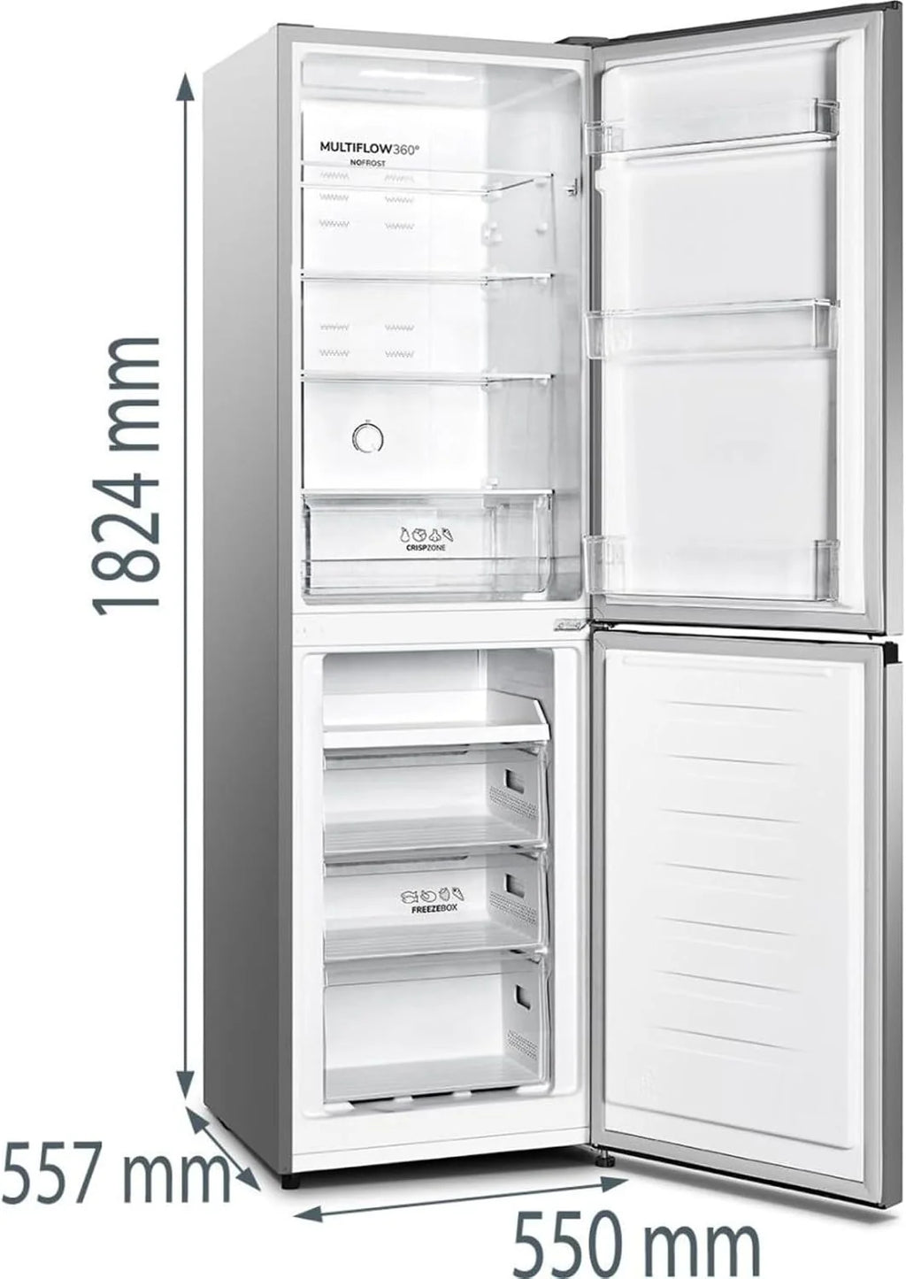 Gorenje NRK418DCS4, lodówko-zamrażarka, wysokość 182 cm, szerokość 55 cm, 256 l (171 l/85 l), Total NoFrost, Multiflow 360°, wymienne drzwiczki, CrispZone, Eco Use, Inox Look [klasa energetyczna D]
