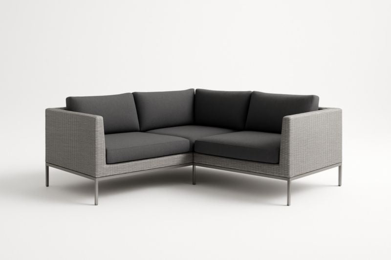 Sofá rinconero modular de resina trenzada gris con cojines de tela negra