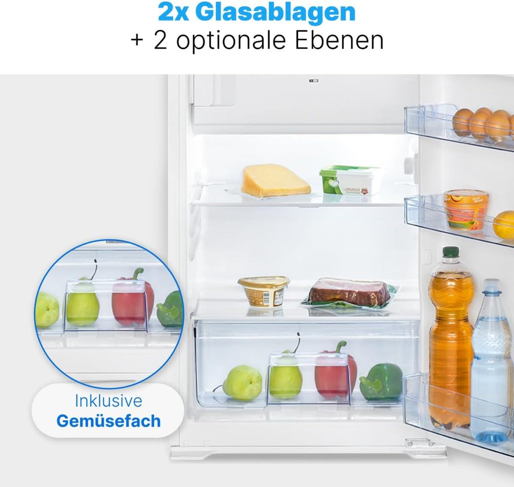 Frigorífico integrable Bomann® con congelador | Frigorífico integrable de 118 L con 2 estantes | Frigorífico integrable con descongelación automática y sistema de puerta deslizante | bisagra de puerta reversible | KSE 7810