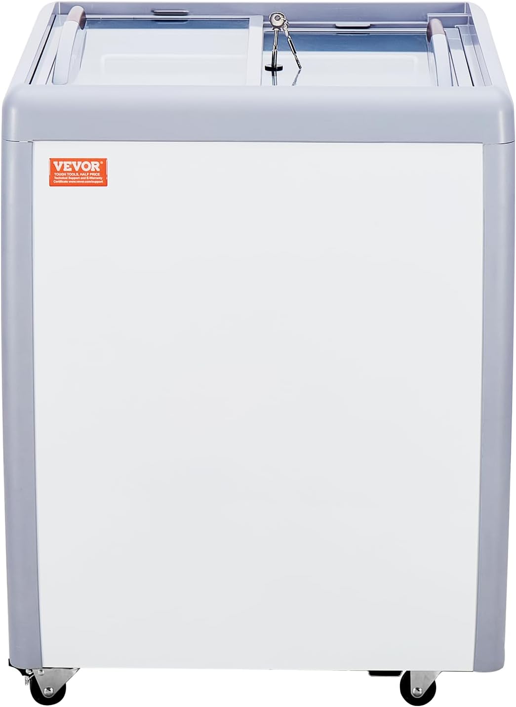 Vitrina comercial para helados VEVOR, arcón congelador de 158 L, congelador móvil con tapa de cristal, vitrina para heladería de restaurante con 4 recipientes grandes, 2 puertas correderas de cristal, ruedas bloqueables, blanco