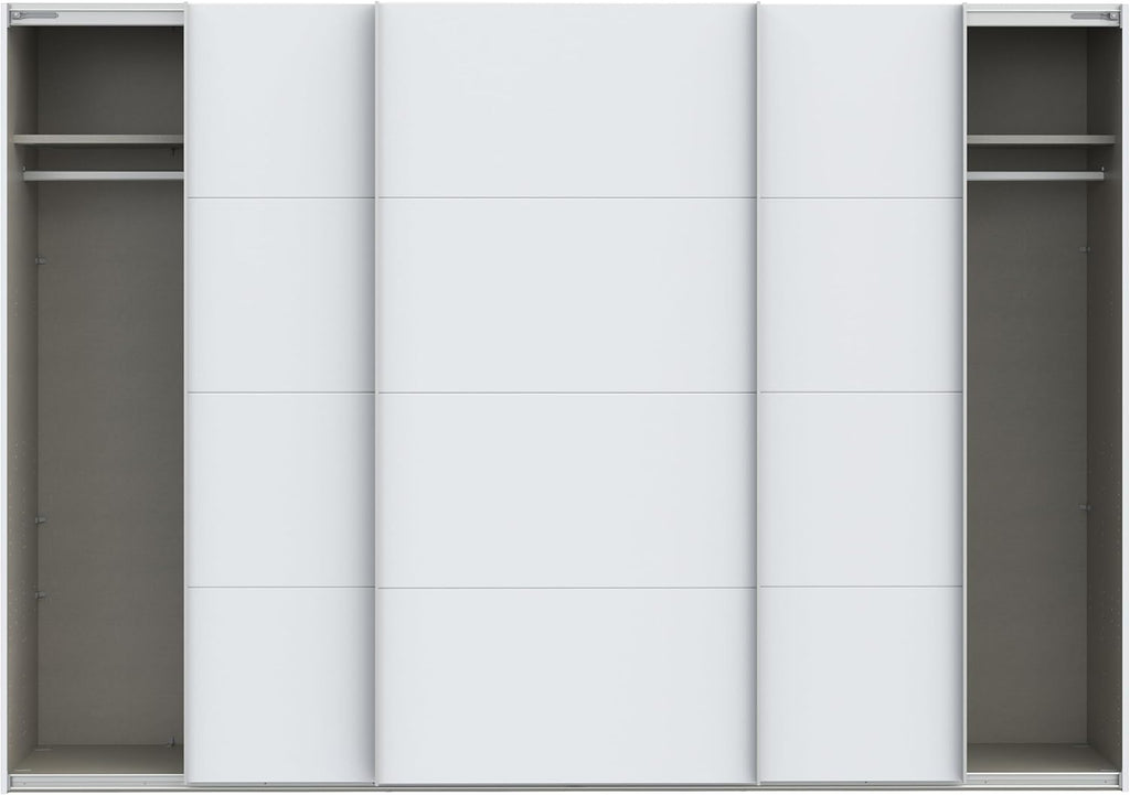 Armario corredero Forte SOPHISTISPACE 300 de 3 puertas con estantes y barra para colgar ropa, blanco, 299,8 cm de ancho, 210,5 cm de alto, 62,9 cm de profundidad