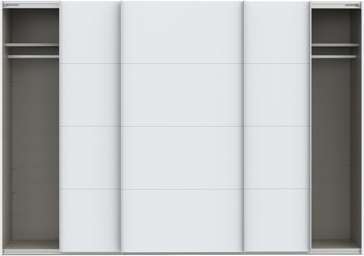 Armario corredero Forte SOPHISTISPACE 300 de 3 puertas con estantes y barra para colgar ropa, blanco, 299,8 cm de ancho, 210,5 cm de alto, 62,9 cm de profundidad