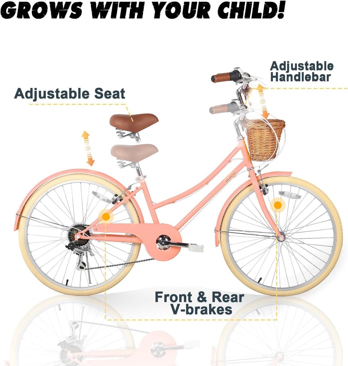 Glerc Missy 20, 24, 26 pulgadas bicicleta híbrida urbana tipo crucero para niñas, de 6 velocidades, con cesta de mimbre, para jóvenes mayores de 6 años, varios colores