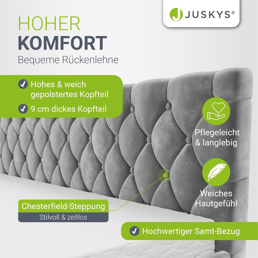 Cama tapizada Juskys Nizza 180x200 cm con colchón, estructura de cama con somier, almacenamiento e iluminación LED, tapizado de terciopelo, acolchado Chesterfield, gris