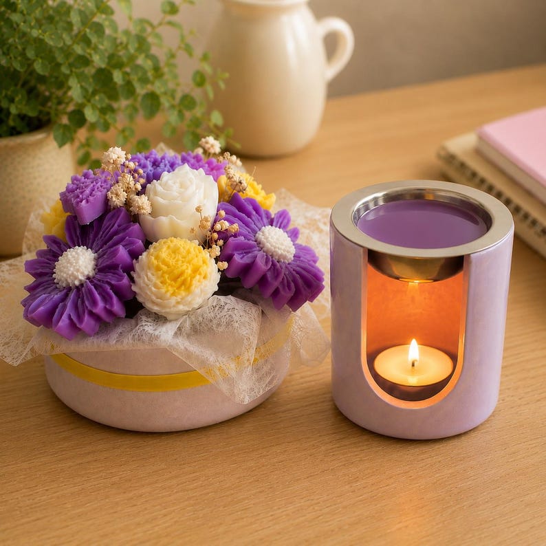 Ramo de flores de cera de soja perfumadas en maceta decorativa, hecho a mano, reutilizable