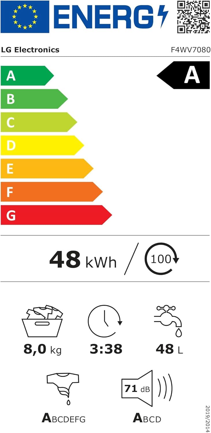 LG F4WV7080, Clase A, lavadora de carga frontal 8 kg, 1400 rpm, AI Direct Drive, Wi-Fi, limpieza profunda con vapor, gran capacidad, TRIPLE A, puerta exterior de cristal templado, 62 x 60 x 85 cm, blanco