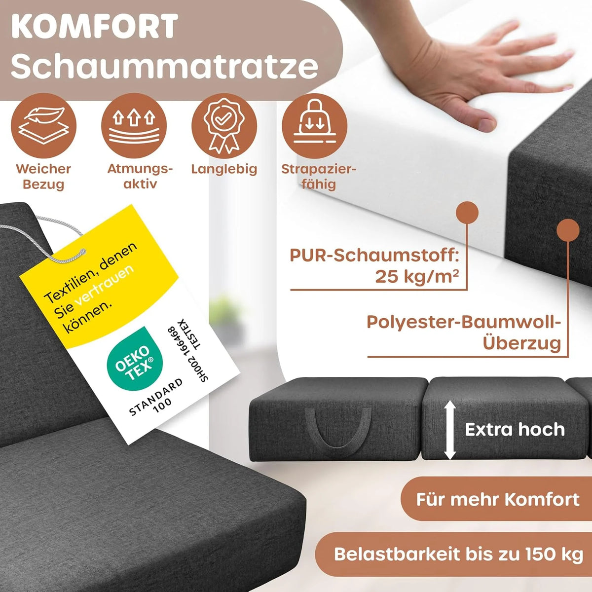 KESSER Składany materac, 90 x 200 x 15 cm, 3-krotnie składany, do pufy do siedzenia, składany materac piankowy, 25 kg/m³, bardzo gruby, 15 cm, oddychający, nadaje się do prania, zdejmowany pokrowiec