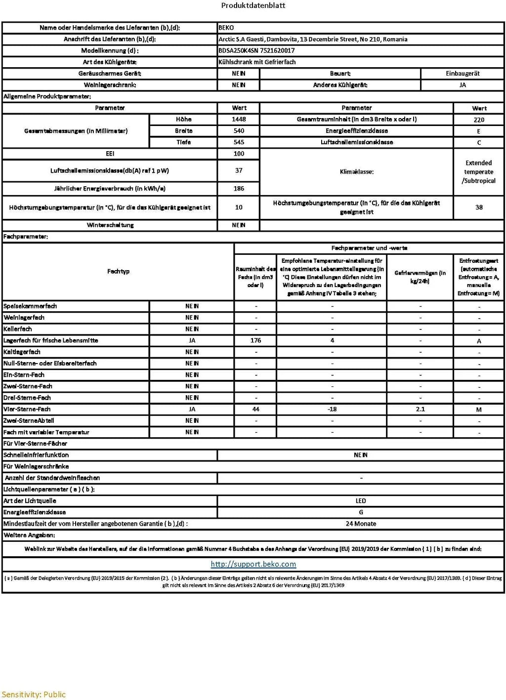 Beko BDSA250K4SN b100 lodówko-zamrażarka do zabudowy, pojemność użytkowa 220 l, chłodzenie 176 l, zamrażanie 44 l, wnęka 145, technologia drzwi holowanych, 37 dB, urządzenie do zabudowy, kolor biały