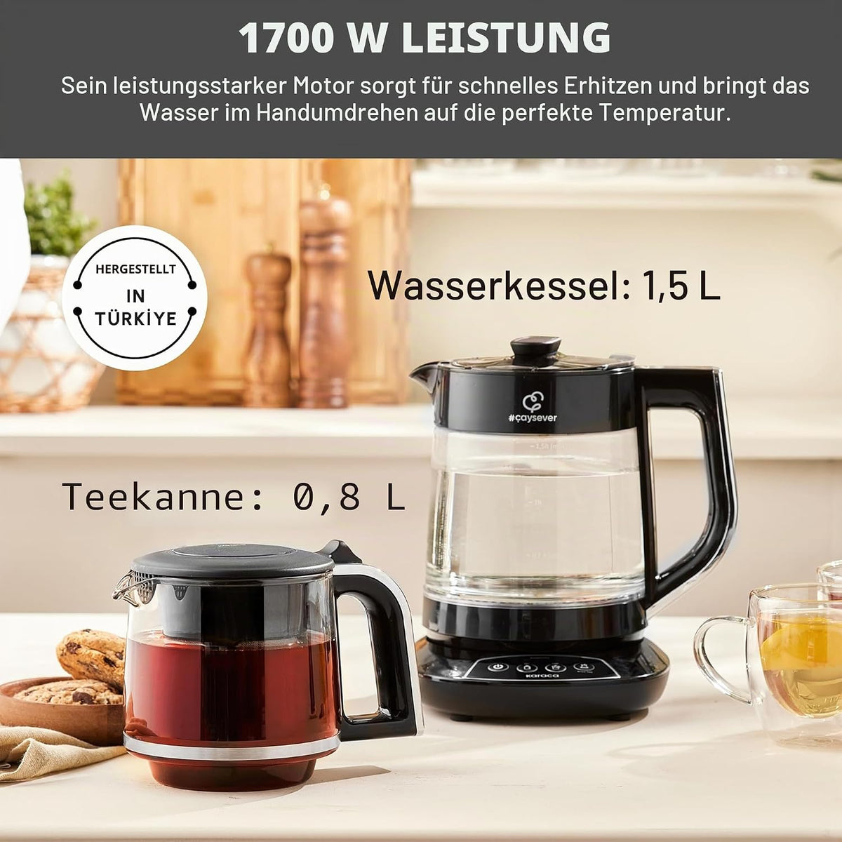 Máquina de té Karaca Caysever, acero, cromo 1700 W, libre de BPA, capacidad de tetera de cristal de 0,8 L, capacidad del depósito de agua de 1,5 L, preparación de agua