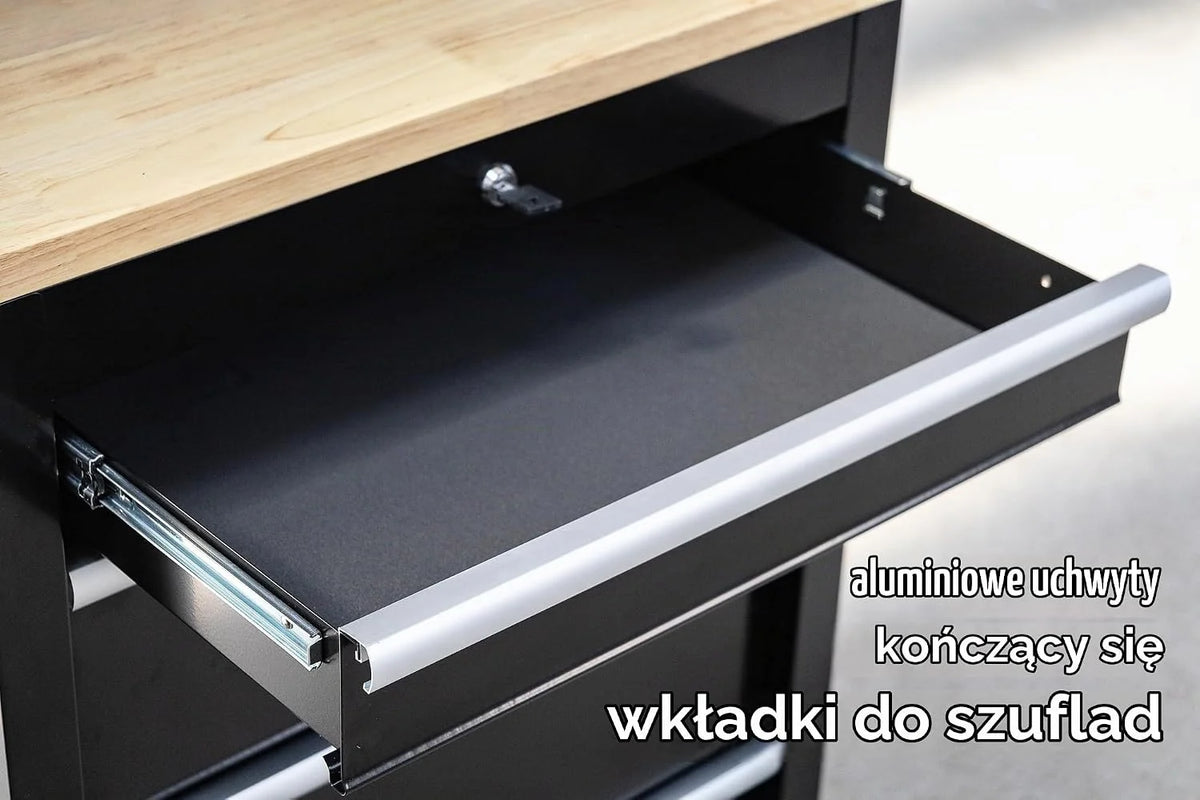 Ondis24 XL Kompletny Zestaw Warsztatowy 260 cm, wstępnie zmontowany, modułowy, kierunek warsztatowy z drewnianą płytą roboczą, szafy na narzędzia, stół warsztatowy z szufladami (9-częściowy)