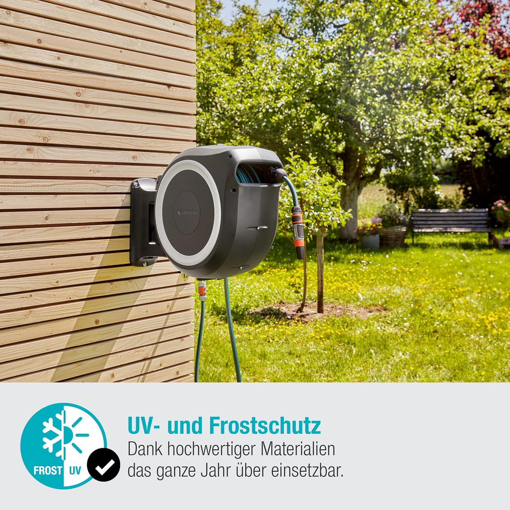 Gardena Caja portamanguera de pared RollUp L (blanco) 30 m: riego flexible para jardines grandes, caja portamanguera giratoria, incluye 30 m de manguera de calidad Gardena y ayuda para el montaje (18627-20)