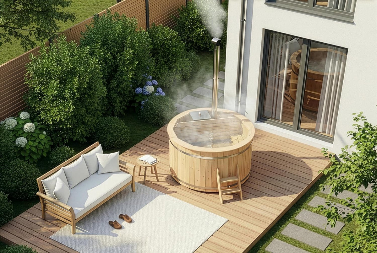 Tina de baño de madera Bergen, Hot Tub Ø 160 x 110 cm, incl. estufa de acero inoxidable de 22 kW y escalera de acceso, 3-4 personas, piscina, tina de baño, hidromasaje
